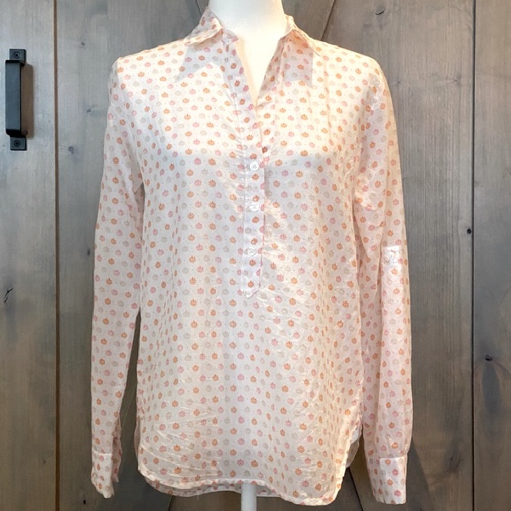 ANN TAYLOR Cotton Silk Blend Popover Blouse Convertible Sleeve Pink Orange Small
